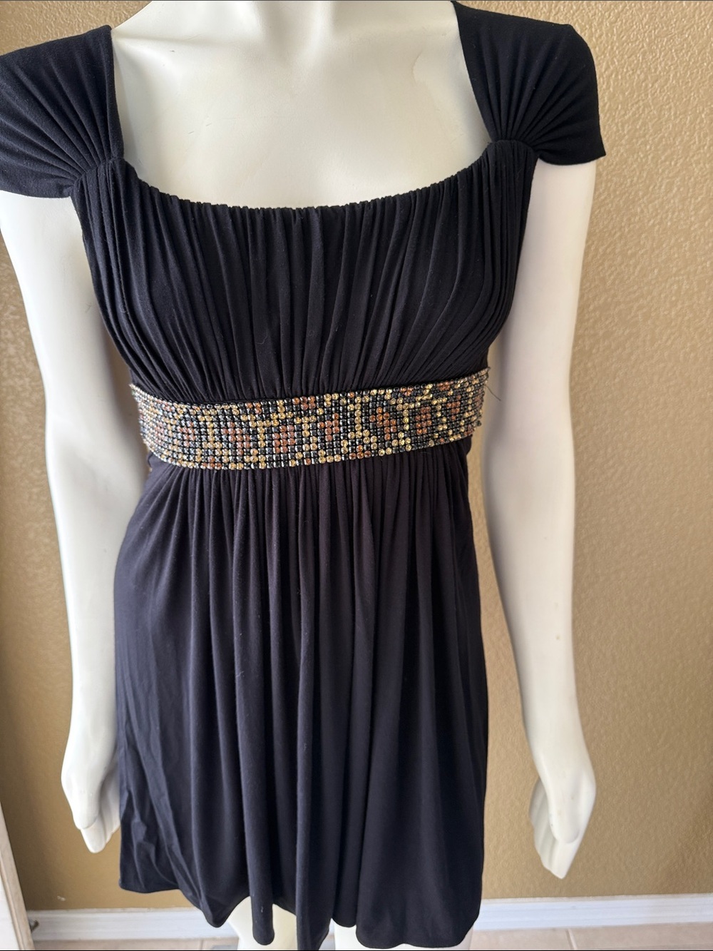 Y2K Vintage Sky Black Empire-Waist Mini Dress with Beaded Waistband